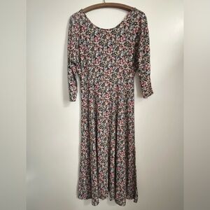 90’s Black Floral A-Line Midi Dress- Size 7/8